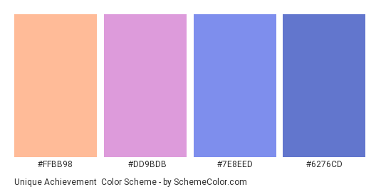 Unique Achievement - Color scheme palette thumbnail - #FFBB98 #DD9BDB #7E8EED #6276CD 