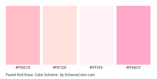 Pastel Red Rose - Color scheme palette thumbnail - #FFBDC8 #FFE1DE #FFF2F6 #FFA8C9 