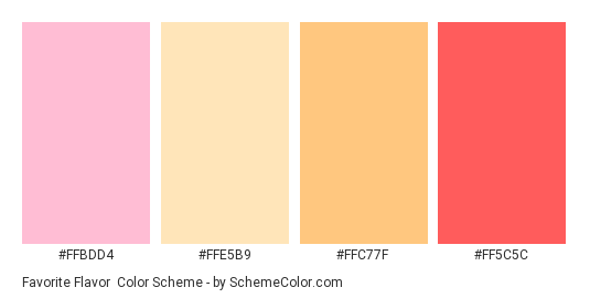 Favorite Flavor - Color scheme palette thumbnail - #FFBDD4 #FFE5B9 #FFC77F #FF5C5C 