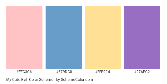 My Cute Evil - Color scheme palette thumbnail - #FFC3C6 #679DC8 #FFE094 #976EC2 