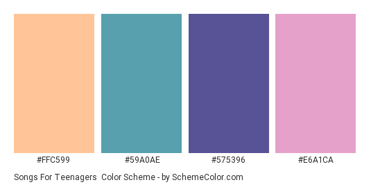Songs for Teenagers - Color scheme palette thumbnail - #FFC599 #59A0AE #575396 #E6A1CA 