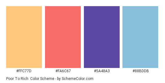 Poor to Rich - Color scheme palette thumbnail - #FFC77D #FA6C67 #5A48A3 #88BDDB 