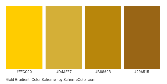 Gold Gradient - Color scheme palette thumbnail - #FFCC00 #D4AF37 #B8860B #996515 