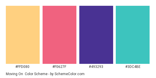 Moving On - Color scheme palette thumbnail - #FFD080 #F0627F #493293 #3DC4BE 