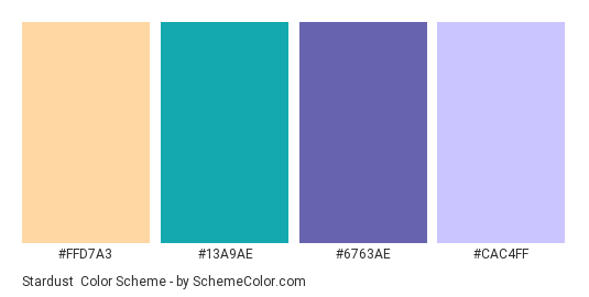 Stardust - Color scheme palette thumbnail - #FFD7A3 #13A9AE #6763AE #CAC4FF 