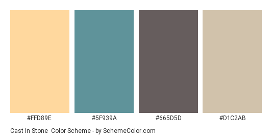 Cast in Stone - Color scheme palette thumbnail - #FFD89E #5F939A #665D5D #D1C2AB 