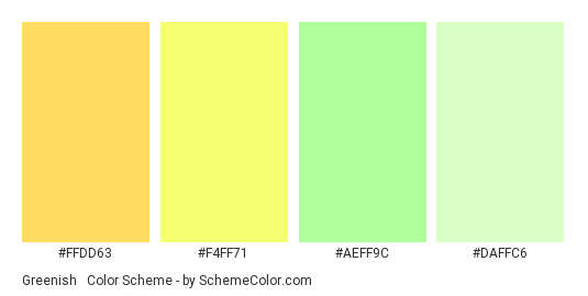 Greenish & Yellowish - Color scheme palette thumbnail - #FFDD63 #F4FF71 #AEFF9C #DAFFC6 