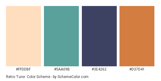 Retro Tune - Color scheme palette thumbnail - #FFDDBF #5AA09B #3E4262 #D37D41 