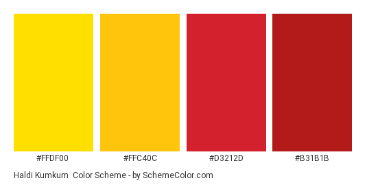 Haldi Kumkum - Color scheme palette thumbnail - #FFDF00 #FFC40C #D3212D #B31B1B 