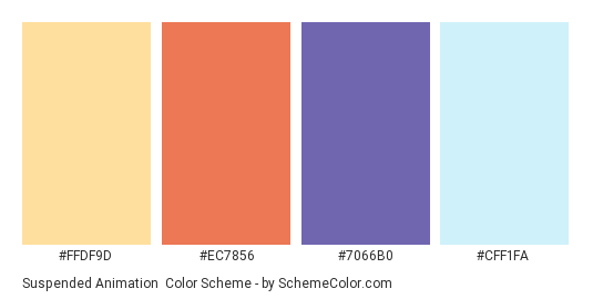 Suspended Animation - Color scheme palette thumbnail - #FFDF9D #EC7856 #7066B0 #CFF1FA 