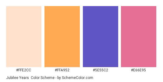Jubilee Years - Color scheme palette thumbnail - #FFE2CC #FFA952 #5E55C2 #E66E95 