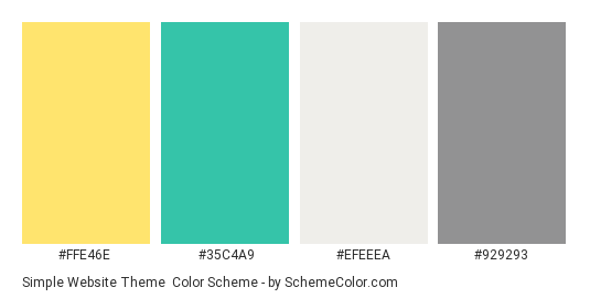 Simple Website Theme - Color scheme palette thumbnail - #FFE46E #35C4A9 #EFEEEA #929293 