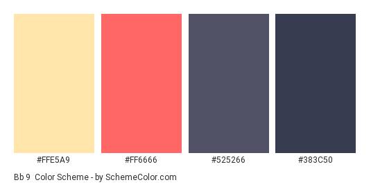 Bb 9 - Color scheme palette thumbnail - #FFE5A9 #FF6666 #525266 #383C50 