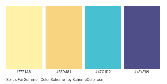 Solids for Summer - Color scheme palette thumbnail - #FFF1A8 #F8D481 #47C1D2 #4F4E89 