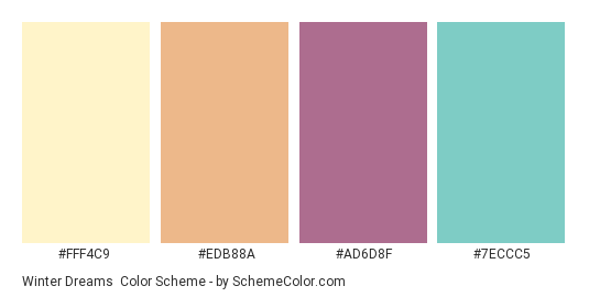 Winter Dreams - Color scheme palette thumbnail - #FFF4C9 #EDB88A #AD6D8F #7ECCC5 