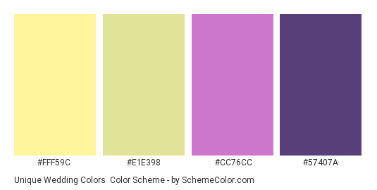Unique Wedding Colors - Color scheme palette thumbnail - #FFF59C #E1E398 #CC76CC #57407A 