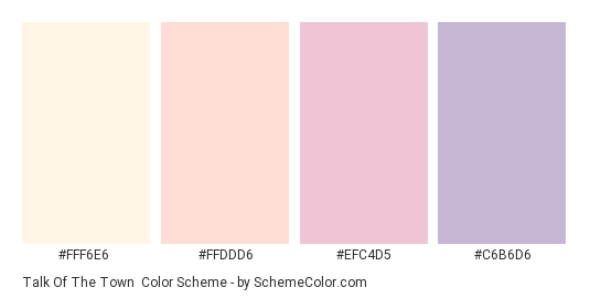 Talk of the Town - Color scheme palette thumbnail - #FFF6E6 #FFDDD6 #EFC4D5 #C6B6D6 