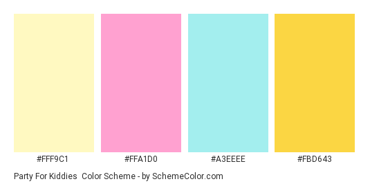 Party for Kiddies - Color scheme palette thumbnail - #FFF9C1 #FFA1D0 #A3EEEE #FBD643 