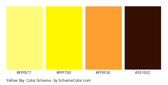 Yellow Sky - Color scheme palette thumbnail - #FFFB77 #FFF700 #FF9F30 #351002 
