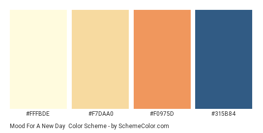 Mood for a New Day - Color scheme palette thumbnail - #FFFBDE #F7DAA0 #F0975D #315B84 