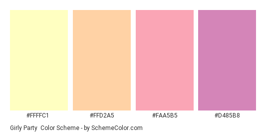 Girly Party - Color scheme palette thumbnail - #FFFFC1 #FFD2A5 #FAA5B5 #D485B8 