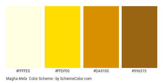 Magha Mela - Color scheme palette thumbnail - #FFFFE0 #FFDF00 #DA9100 #996515 