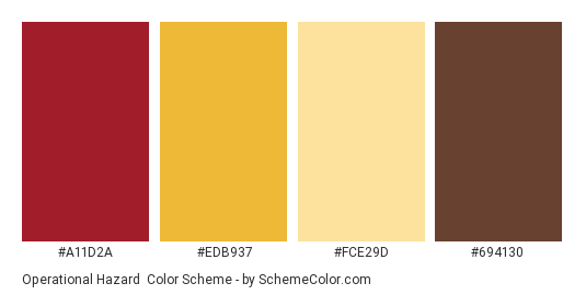 Operational Hazard - Color scheme palette thumbnail - #a11d2a #edb937 #fce29d #694130 