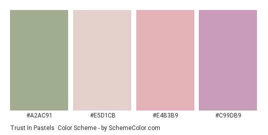 Trust in Pastels - Color scheme palette thumbnail - #a2ac91 #e5d1cb #e4b3b9 #c99db9 