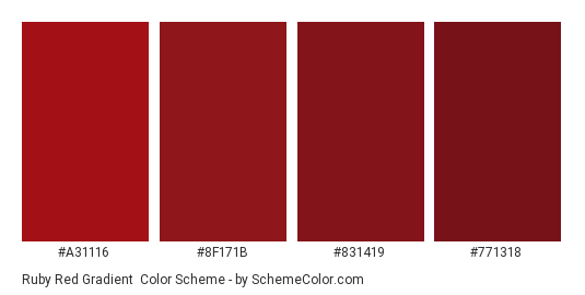 Ruby Red Gradient - Color scheme palette thumbnail - #a31116 #8f171b #831419 #771318 