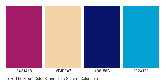 Love the Effort - Color scheme palette thumbnail - #a31a68 #f4d3a7 #08156b #02a1d1 