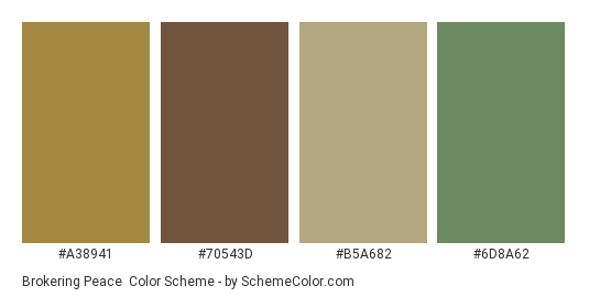 Brokering Peace - Color scheme palette thumbnail - #a38941 #70543d #b5a682 #6d8a62 