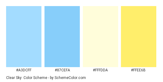 Clear Sky - Color scheme palette thumbnail - #a3dcff #87cefa #fffdda #ffee6b 