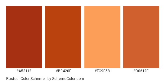 Rusted - Color scheme palette thumbnail - #a53112 #b9420f #fc9e58 #d0612e 