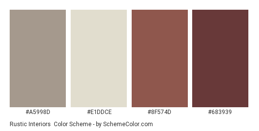 Rustic Interiors - Color scheme palette thumbnail - #a5998d #e1ddce #8f574d #683939 