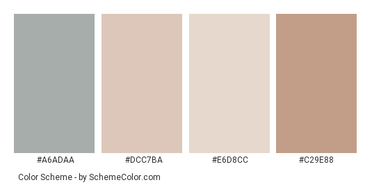 Pastel Eggs - Color scheme palette thumbnail - #a6adaa #dcc7ba #e6d8cc #c29e88 