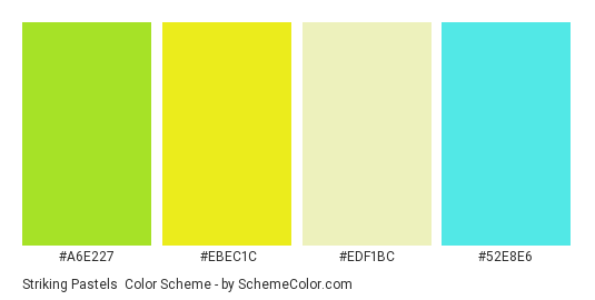 Striking Pastels - Color scheme palette thumbnail - #a6e227 #ebec1c #edf1bc #52e8e6 