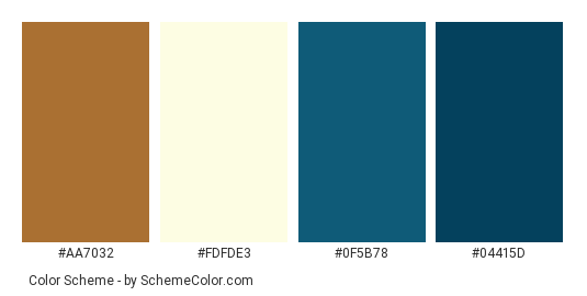 Powdered Love - Color scheme palette thumbnail - #aa7032 #fdfde3 #0f5b78 #04415d 