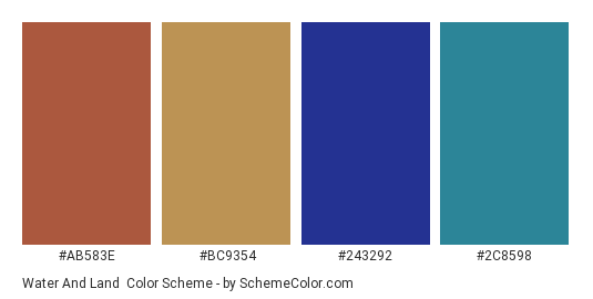 Water and Land - Color scheme palette thumbnail - #ab583e #bc9354 #243292 #2c8598 