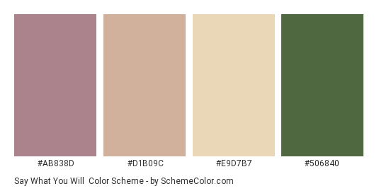 Say What You Will - Color scheme palette thumbnail - #ab838d #d1b09c #e9d7b7 #506840 
