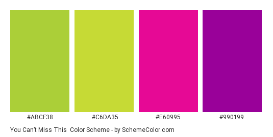 You Can’t Miss This - Color scheme palette thumbnail - #abcf38 #c6da35 #e60995 #990199 
