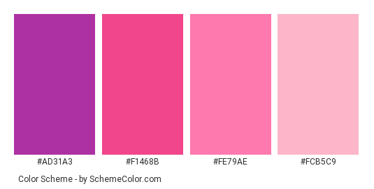 Wooly Bright - Color scheme palette thumbnail - #ad31a3 #f1468b #fe79ae #fcb5c9 