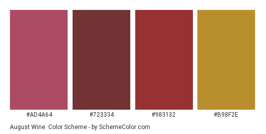 August Wine - Color scheme palette thumbnail - #ad4a64 #723334 #983132 #b98f2e 