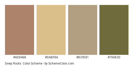 Deep Roots - Color scheme palette thumbnail - #ad846b #dabf8a #b29e81 #706b3d 