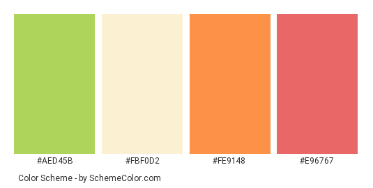 Favourite Candy - Color scheme palette thumbnail - #aed45b #fbf0d2 #fe9148 #e96767 