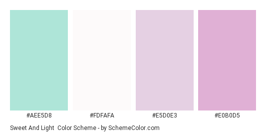 Sweet and Light - Color scheme palette thumbnail - #aee5d8 #fdfafa #e5d0e3 #e0b0d5 