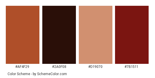 Brown Horse - Color scheme palette thumbnail - #af4f29 #2a0f08 #d19070 #7b1511 