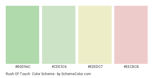 Rush of Touch - Color scheme palette thumbnail - #b0d9ac #cde3c6 #ededc7 #eecbcb 