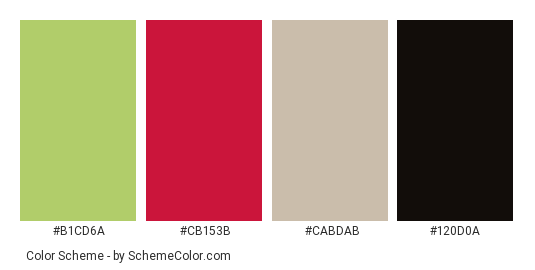 Rooster - Color scheme palette thumbnail - #b1cd6a #cb153b #cabdab #120d0a 