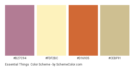 Essential Things - Color scheme palette thumbnail - #b27c94 #fdf2bc #d16935 #cebf91 