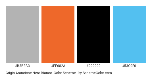 Grigio Arancione Nero Bianco - Color scheme palette thumbnail - #b3b3b3 #ee682a #000000 #53c0f0 